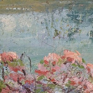Rosa blommor, väggmålning, landskap. Blomsteräng vid sjön. Amerikansk impressionistisk konst. LAN058 bild 2