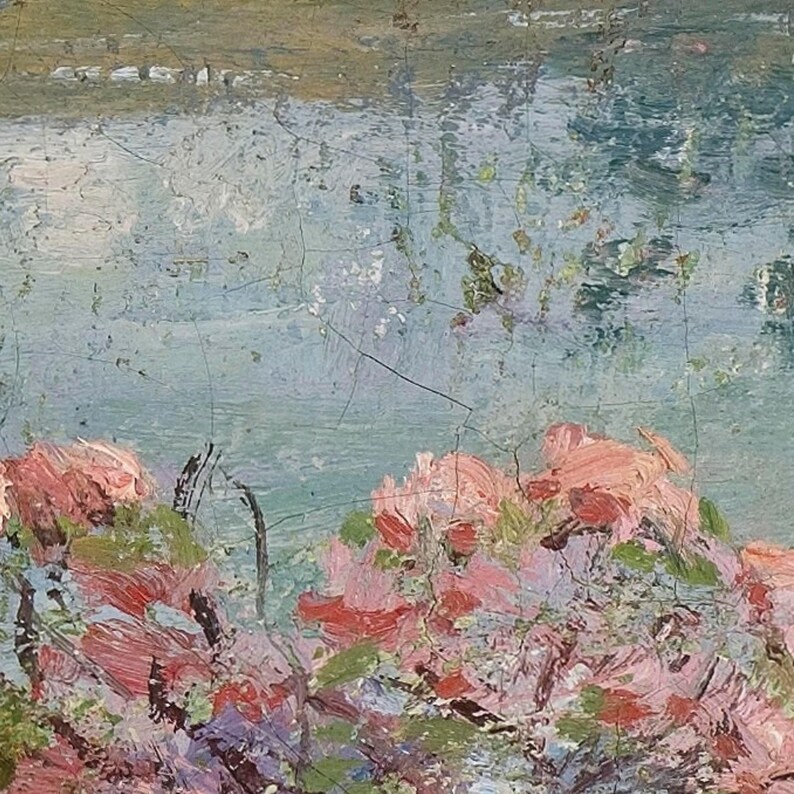Rosa blommor, väggmålning, landskap. Blomsteräng vid sjön. Amerikansk impressionistisk konst. LAN058 bild 2
