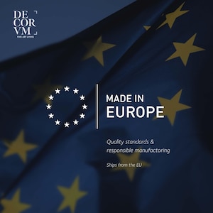The image is a promotional graphic for a product made in Europe. It features a blue background with yellow stars, and the text "MADE IN EUROPE" prominently displayed. The text also highlights the quality standards and responsible manufacturing practices of the product, which are sourced from ships from the European Union.