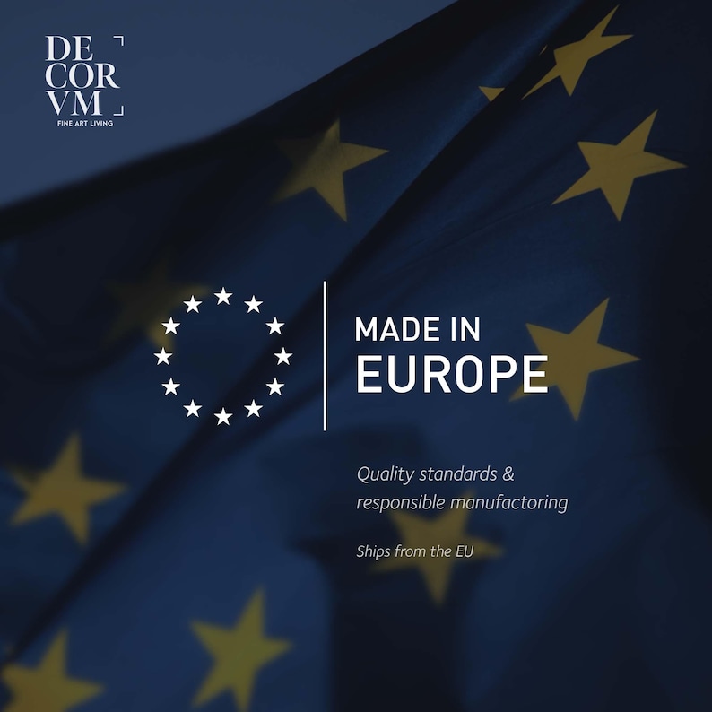 The image is a promotional graphic for a product made in Europe. It features a blue background with yellow stars, and the text "MADE IN EUROPE" prominently displayed. The text also highlights the quality standards and responsible manufacturing practices of the product, which are sourced from ships from the European Union.