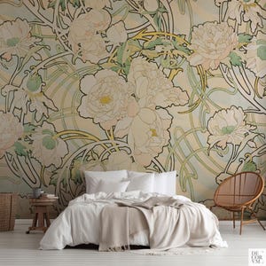 Alphonse Mucha Peonies Wallpaper, Art Nouveau Style, Peel & Stick