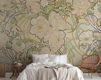 Alphonse Mucha Peonies. Art Nouveau wall decor. Stylish wallpaper in vinyl, peel & stick and traditional non-pasted or pre-pasted. MUC003