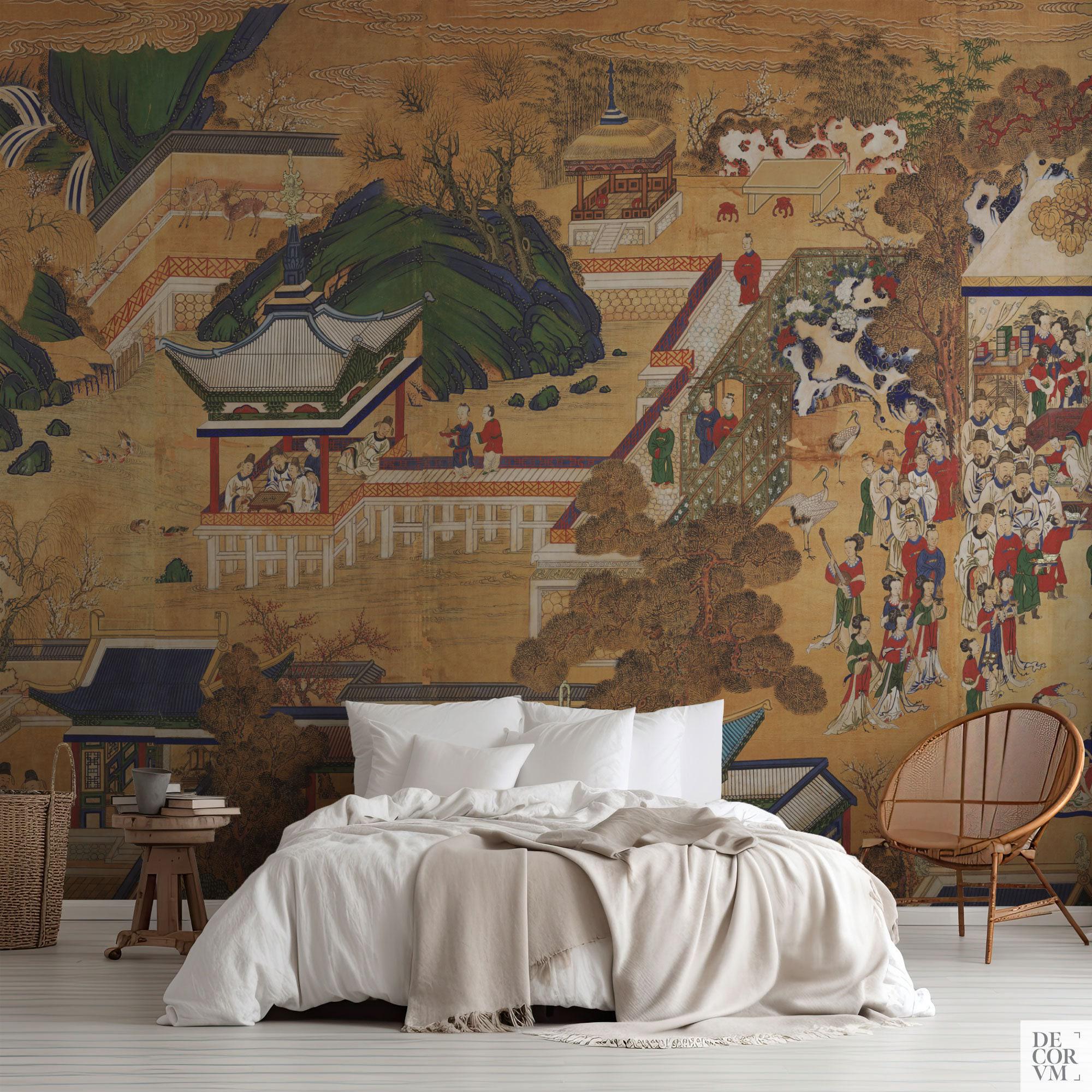 Antique Korean panel Wallpaper reproduction from the 18th century. Asian decoration in ochre tones for large walls. CHI009