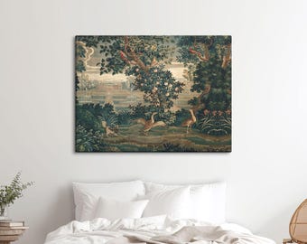 Verdure scene with Chateau and Garden. French antique tapestry printed as self adhesive wall art. 18th century textile art. TRE008