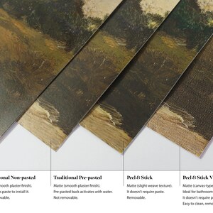 four different types of non-pasted, traditional pre-pasted, peel & stick, and peel & stick vinyl materials.