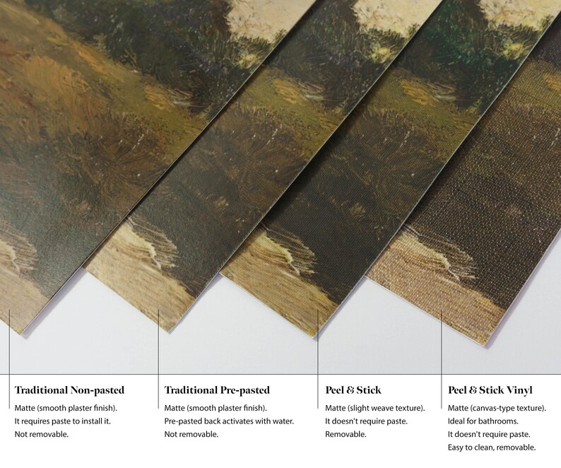 four different types of non-pasted, traditional pre-pasted, peel & stick, and peel & stick vinyl materials.