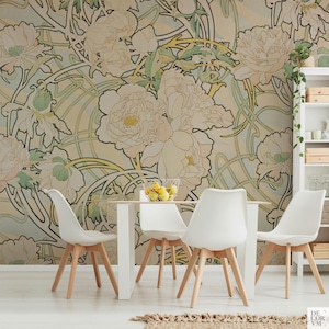 Alphonse Mucha Peonies. Art Nouveau wall decor. Stylish wallpaper in vinyl, peel & stick and traditional non-pasted or pre-pasted. MUC003