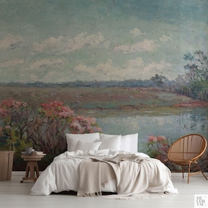 Rosa blommor, väggmålning, landskap. Blomsteräng vid sjön. Amerikansk impressionistisk konst. LAN058 bild 1