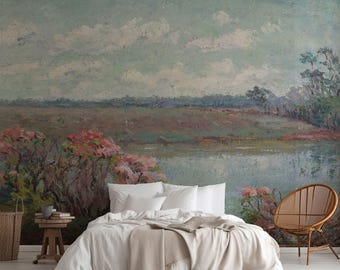 Pink Blossoms mural landscape. Flower meadow by the lake. American Impressionist art. LAN058