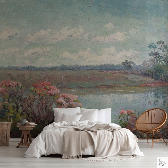 Pink Blossoms mural landscape. Flower meadow by the lake. American Impressionist art. LAN058