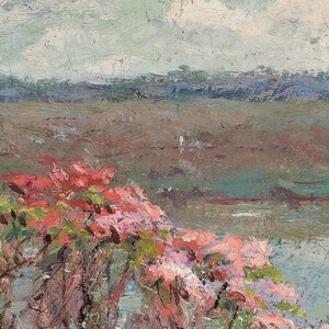 Rosa blommor, väggmålning, landskap. Blomsteräng vid sjön. Amerikansk impressionistisk konst. LAN058 bild 10