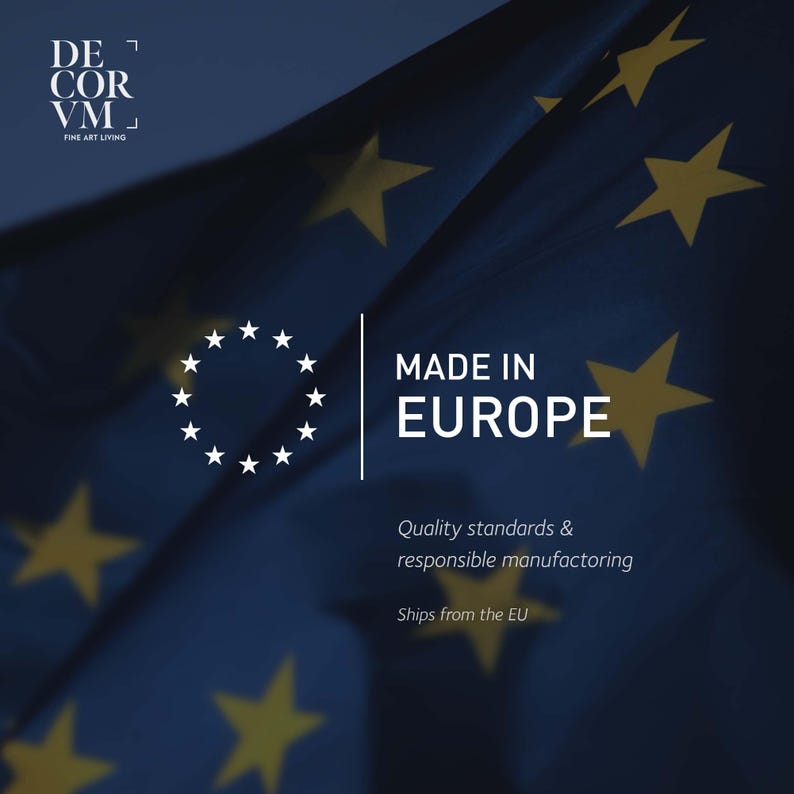 The image is a promotional graphic for a product made in Europe. It features a blue background with yellow stars, and the text "MADE IN EUROPE" prominently displayed. The text also highlights the quality standards and responsible manufacturing practices of the product, which are sourced from ships from the European Union.