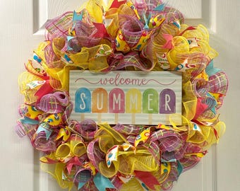 Summer Door Wreath, Multicolored Mesh, Popsicle Welcome Sign