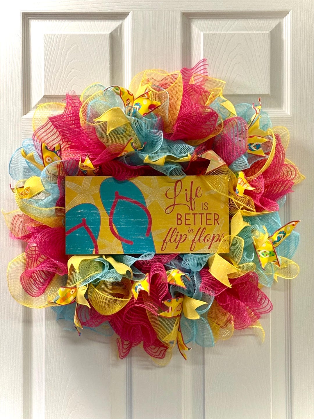 Flip Flop Summer Wreath, Pink & Blue Deco Mesh Door Decor - Etsy