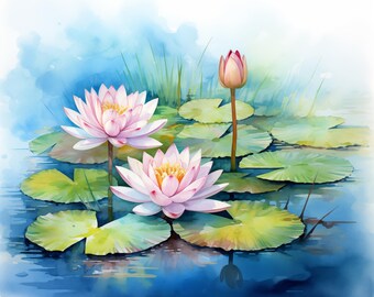 水彩画「睡蓮の池」プリント：静かな花の自然風景（デジタル