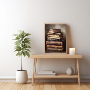Vintage Book Stack Digital Art Print – Antique Library Decor – Rustic Literary Wall Art for Instant Download