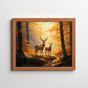 Deer in Autumn Forest Printable Wall Art – Sunset Wildlife Painting Style Instant Download Decor