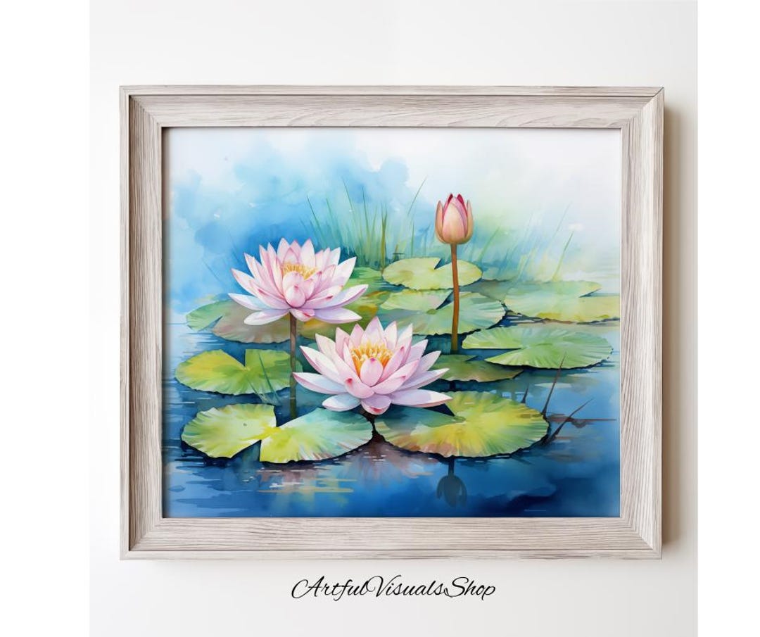 水彩画「睡蓮の池」プリント：静かな花の自然風景（デジタル