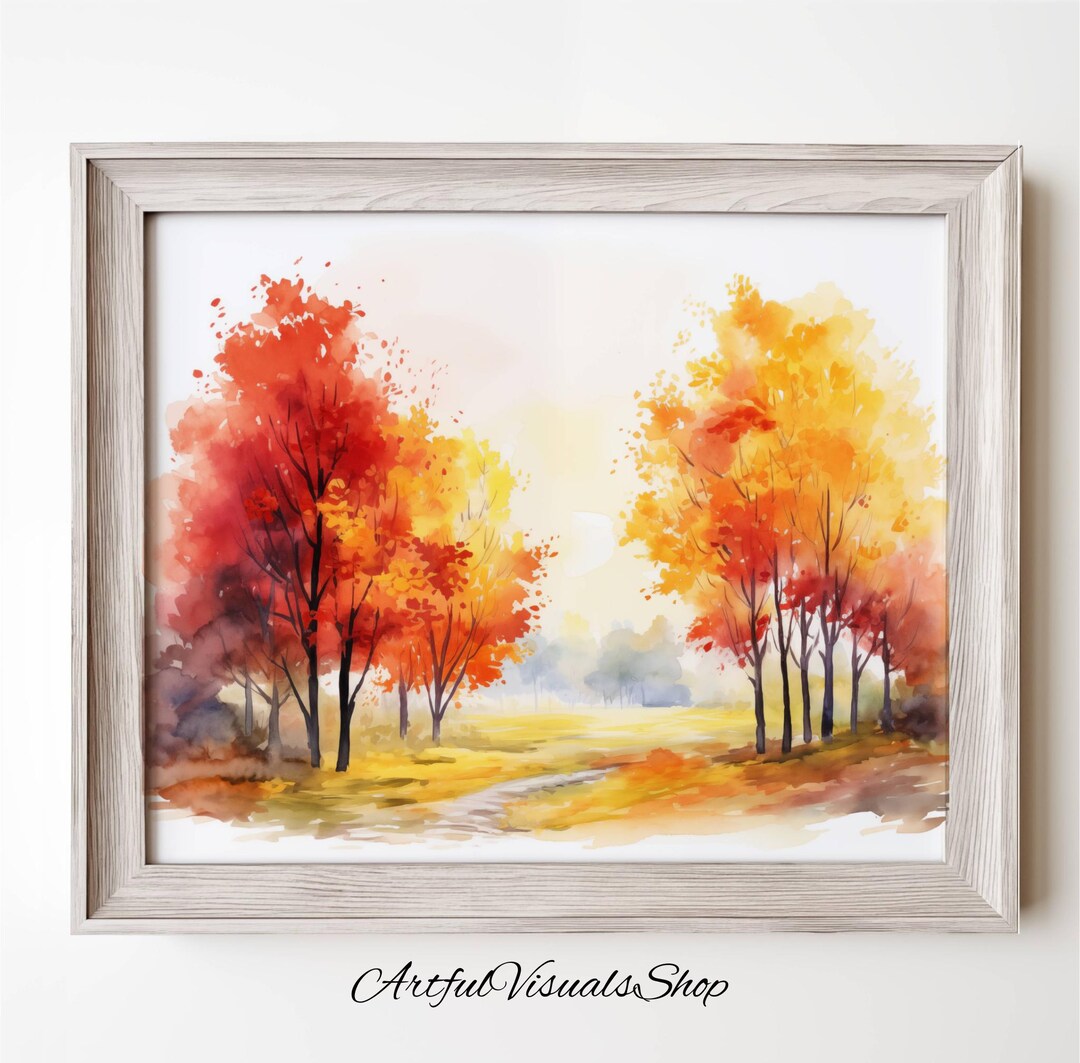 水彩画の秋の木々のプリント：ミニマリストの秋の風景装飾（デジタル