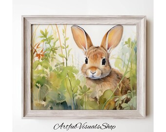 May include: Watercolor painting of a brown rabbit with long ears, nestled among green foliage. The artwork is framed in a light-colored wooden frame. The text "Artful Visuals Shop" is at the bottom.