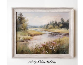 May include: A framed landscape painting featuring a river winding through a field with trees and flowers. The artwork has a soft color palette of greens, yellows, and pinks, and is set in a light-colored wooden frame. The text "Artful Visuals Shop" is at the bottom.