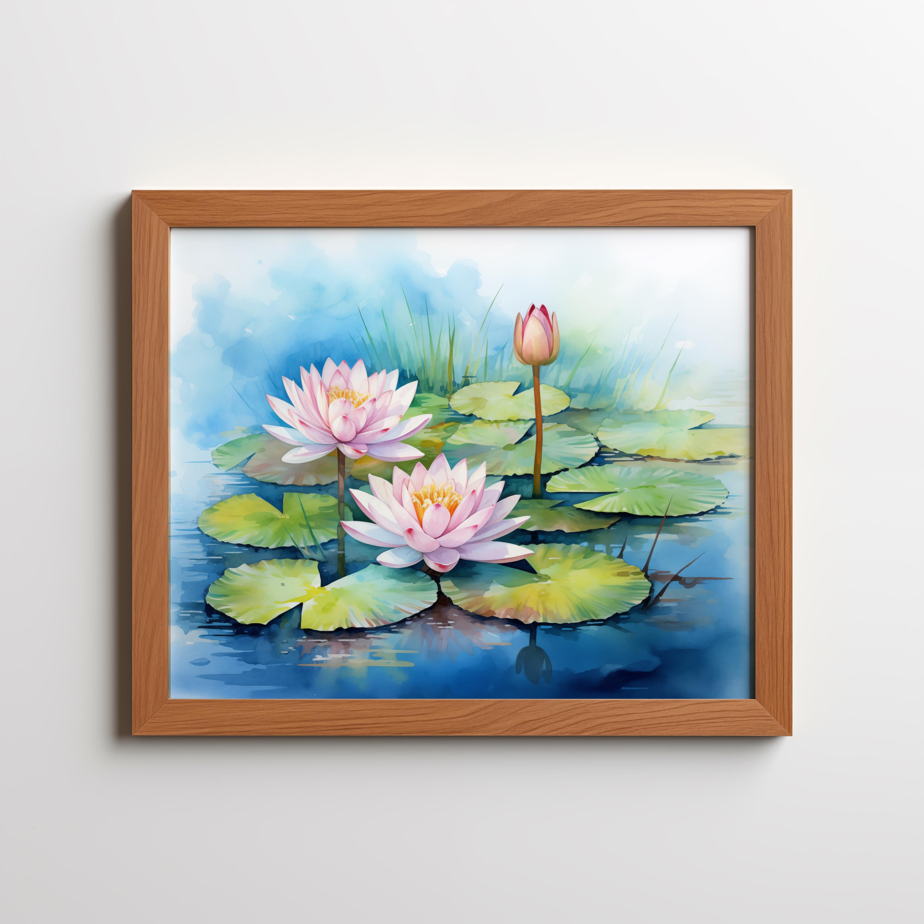 水彩画「池の水草」 水彩画「睡蓮の池」プリント：静かな花の自然風景（デジタル