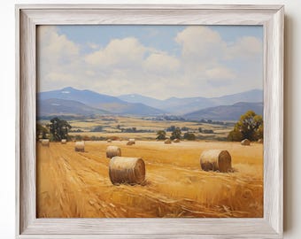 Impresión de paisaje de granja con pacas de heno, arte rústico de pared (descarga digital)