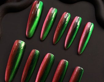 Red Green Stilette Nails |  Press on Nails Gel Manicure | Handmade Fake Nails | Acrylic Nail | Cool Hot Girl Nails