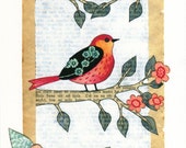Spring - A4 size print . Colourful bird on branch - mixed media artwork for nursery , home decor , childrens room