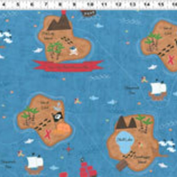 Jamie Wood, Shiver Me Timbers, Pirate Map Blue Fabric - By the Yard