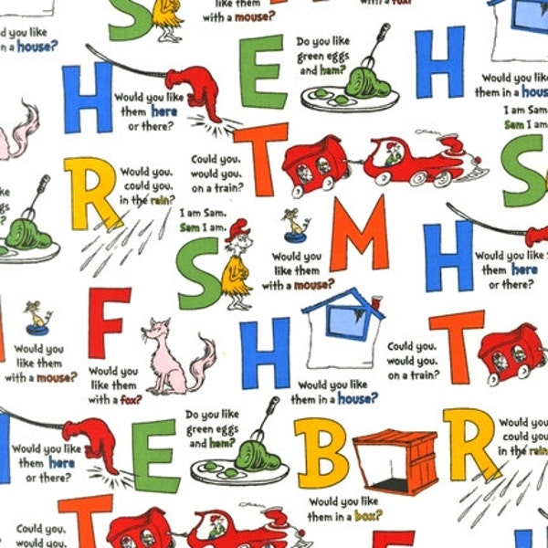 Dr. Seuss, Green Eggs and Ham, Letters Celebration Fabric - REMNANT Size 30 Inches by 44 Inches