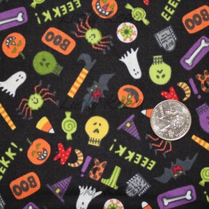 Carol Eldridge, Bewitched, Tossed Halloween Icons Black Fabric - By the Yard