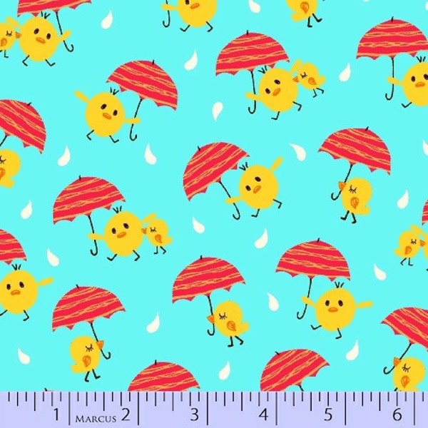 Studio 37, A Fun Day in the Jungle, Chicks With Umbrellas Aqua Fabric - Half Yard