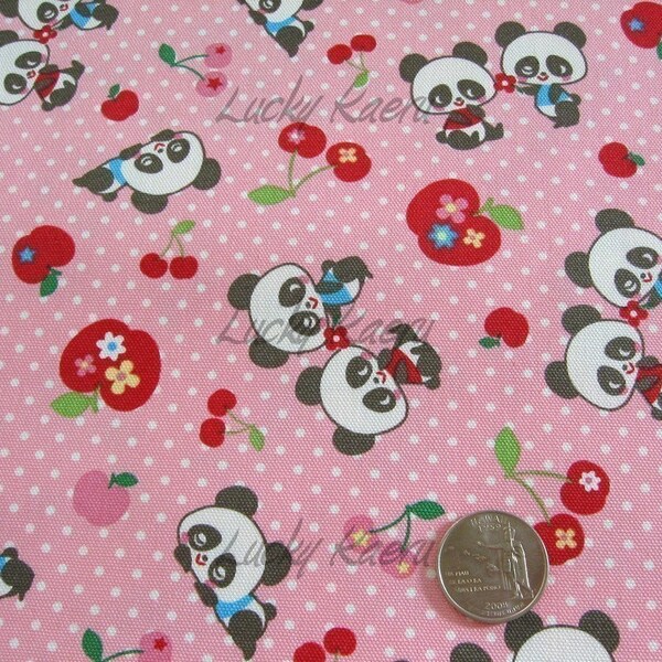 Pandas, Apples and Cherries on Pink Japanese Fabric - Half Yard