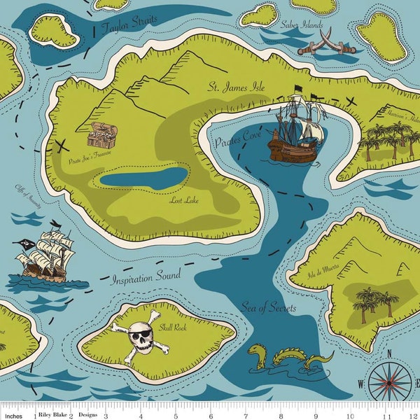 Riley Blake Designs, Pirate Matey's, Pirate Map Main Green Fabric - 1 Yard