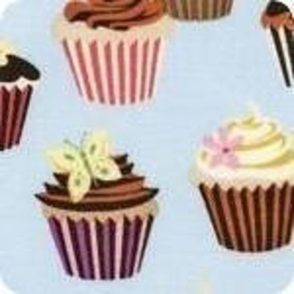 Sweet Tooth Small Cupcakes on Blue Fabric - By the Yard
