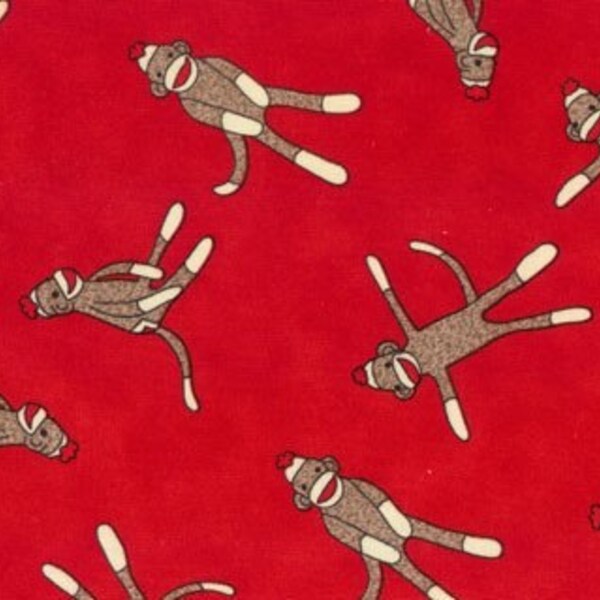 Erin Michael, 5 Funky Monkeys, Sock Monkeys Allover on Red Fabric - By the Yard