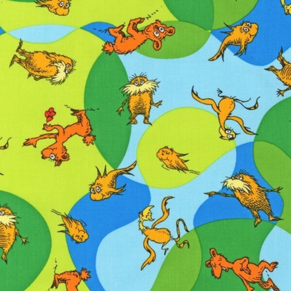 Dr. Seuss, The Lorax, Character Toss Bright Organic Cotton Fabric - Half Yard