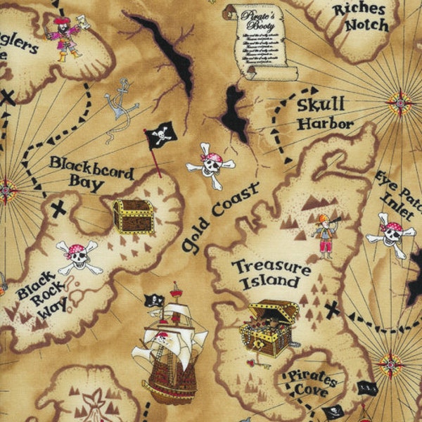 Pirate Map Fabric on Tan - By the Yard
