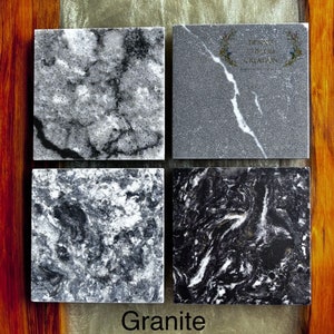 May include: Four square samples of granite, each with a different pattern and color. The samples are arranged in a grid pattern. The granite is a natural stone with a variety of colors and patterns. The samples are labeled "Granite".
