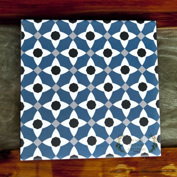 8" x 8" Art Deco Ceramic Tile Trivet with Black Blue and White print, Hot plate.