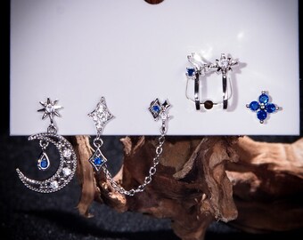 Set di orecchini in argento per donne, delicati orecchini a catena in argento, gioielli quotidiani minimalisti, orecchini con stella lunare in argento, gioielli regalo per lei