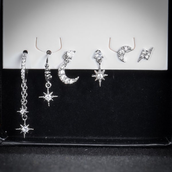 Silver Earring Six-Piece Set, Dainty Moon Star Earrings, Minimalist Everyday Jewellery, Dainty Huggie Hoops, Jewellery Gift for Her