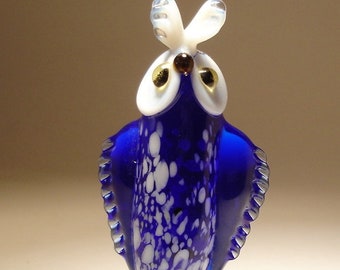 Blown Glass Figurine Art Blue and White Bird Horned OWL