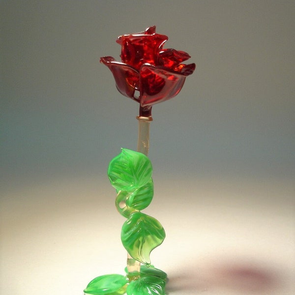 Handgefertigte Kunstfigur aus geblasenem Glas, dunkelrote Blumenrose, tolles Geschenk