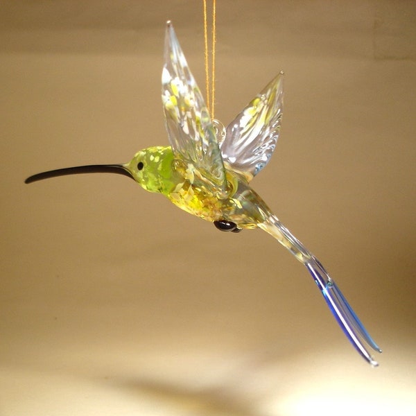 Blown Glass Figurine Bird Hanging Swallow Tail Light Green and Blue with Yellow HUMMINGBIRD Ornament - Great Mother’s Day Gift