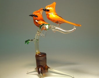 Handmade Blown Glass Art Figurine Bird Two CARDINALS on a Branch