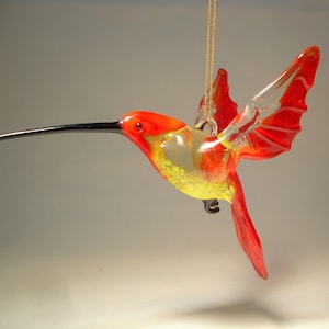 Handmade Blown Glass Figurine Art Bird Red and Yellow Hanging HUMMINGBIRD Ornament Great Gift
