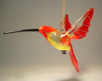 Handmade Blown Glass Figurine Art Bird Red and Yellow Hanging HUMMINGBIRD Ornament Great Gift