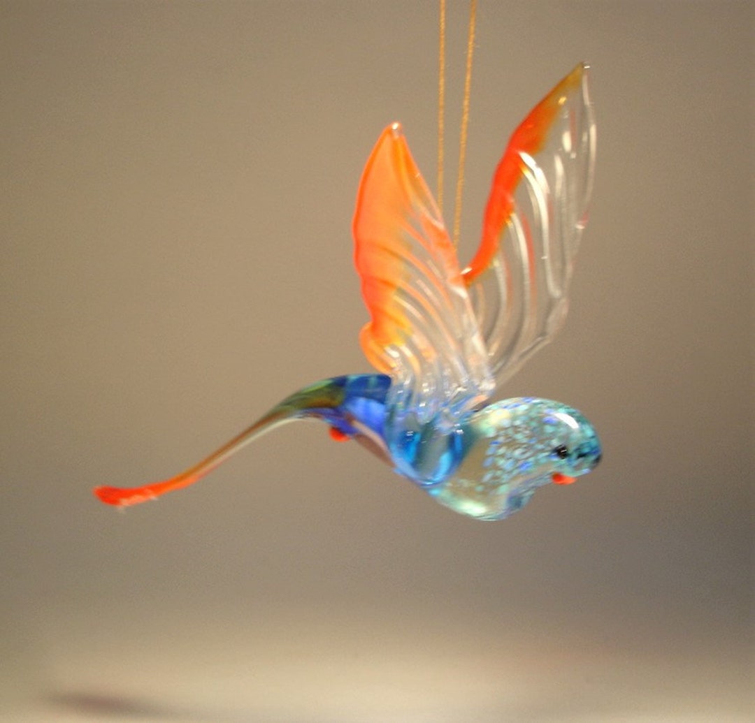 Handmade Blown Glass Art Figurine Hanging Red Blue and Yellow Parakeet